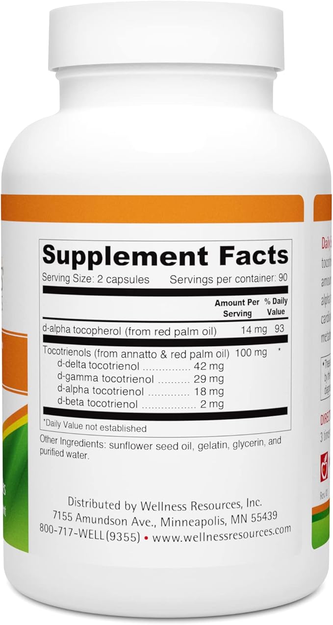 Wellness Resources Daily Super E Tocotrienol Complex - Full Spectrum Vitamin E with Delta, Gamma & Alpha Tocotrienols for Antioxidant Protection, Soy-Free, Natural Source, Non-GMO (180 Caps)