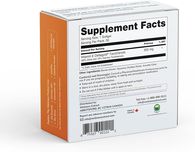 WELLNESS EXTRACT Eannatto Tocotrienols Vitamin E Supplements Tocopherol Free, Non-GMO, Gluten Free & Antioxidant 300mg 30 Softgels Blister Packs.