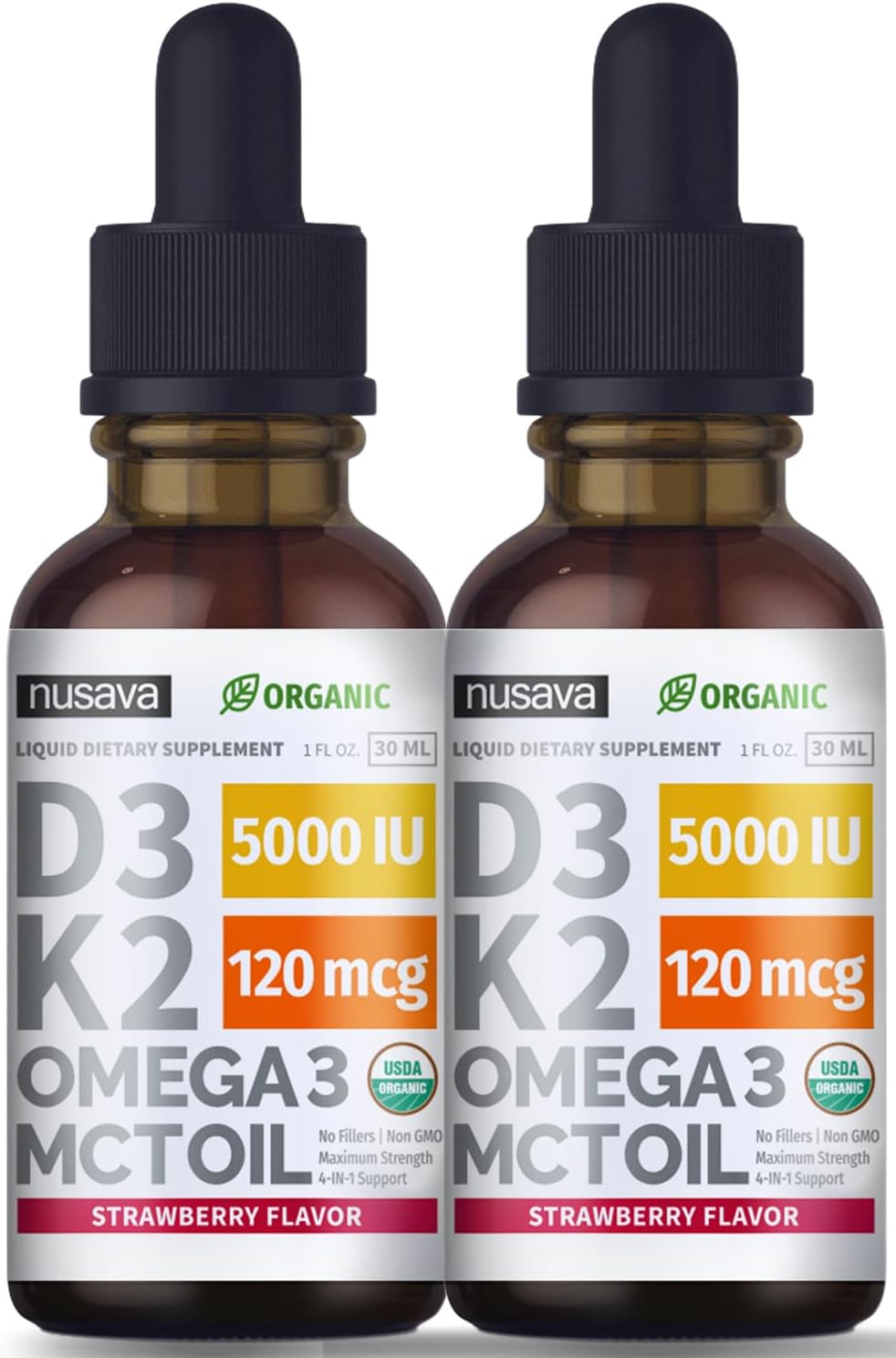 (2 Pack) Organic Vitamin D3 K2 Drops 5000 IU with MCT Oil Omega 3 - Maximum Strength Liquid D3 with No Fillers, Non-GMO for Faster Absorption, Immune Support (Strawberry, 2 Fl Oz)