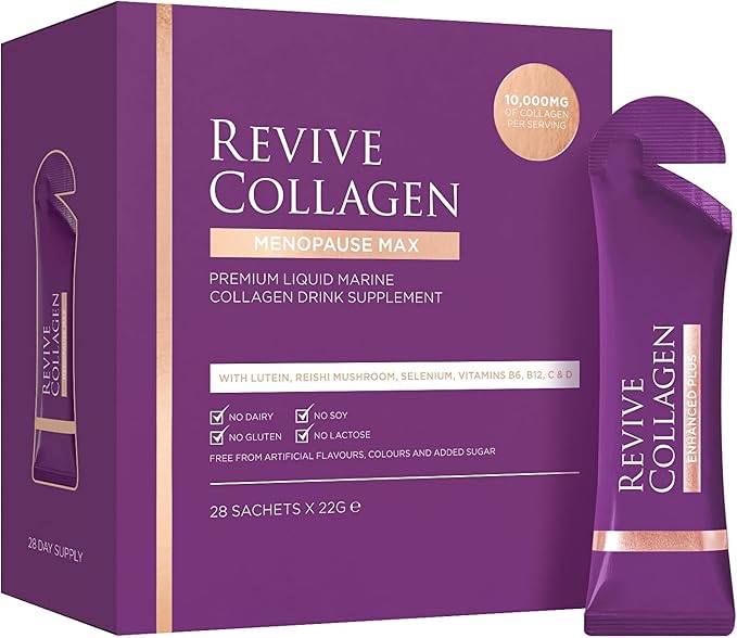 Revive Collagen Menopause Max — Hydrolyzed Marine Collagen Drink for Women, 10,000MG, Lutein, Reishi Mushroom, Vitamin B6, B12, C & D, for Skin & Eye Health, Pineapple & Coconut Flavour — 28 Sachets