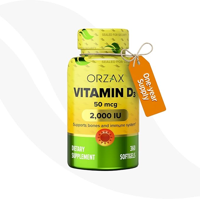 ORZAX Vitamin D3 2000 iu (50 mcg) – Non-GMO, Gluten Free, Sugar Free, Dairy Free – 1 Year Supply for Strong Muscle Function and Immune Support – Mood Supplement for Wellness (360 Softgel)