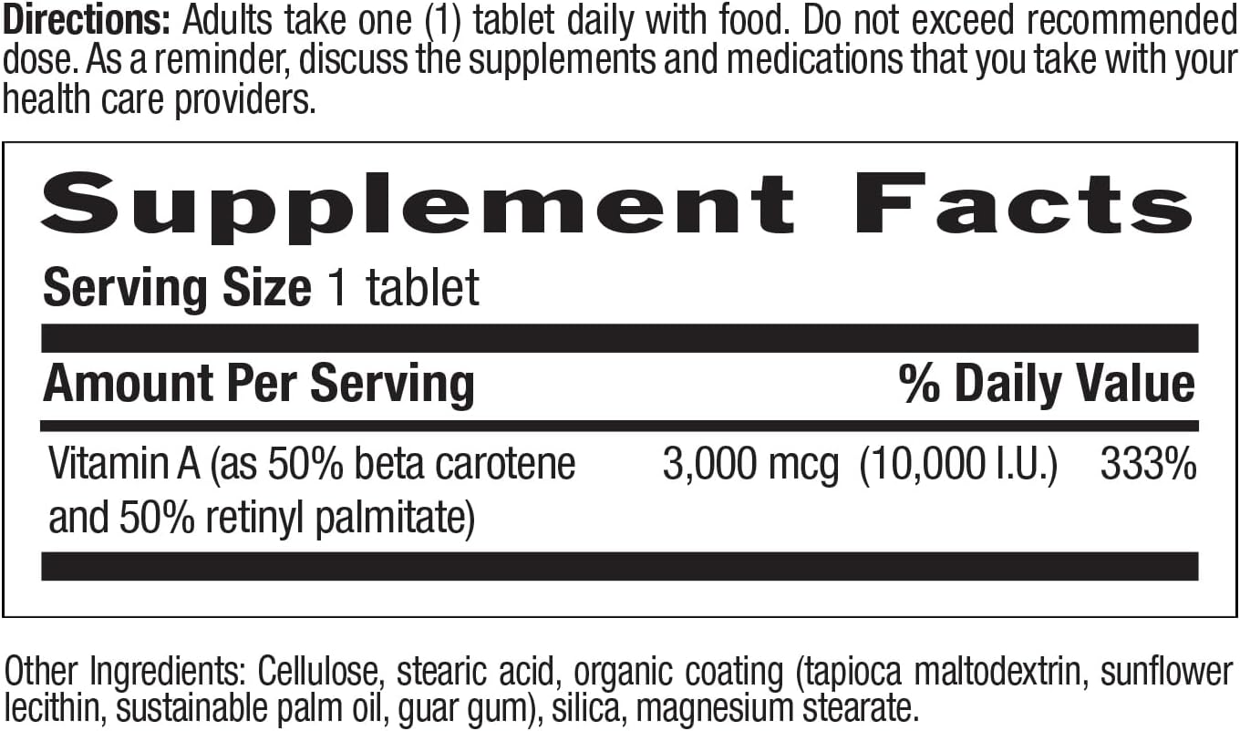 Country Life Vitamin A 10,000 IU - Immune Support, Skin & Eye Health Supplement, Certified Gluten-Free, Vegan, Halal, Kosher, 50% Beta-Carotene & 50% Retinyl Palmitate, Easy Absorption - 100 Tablets