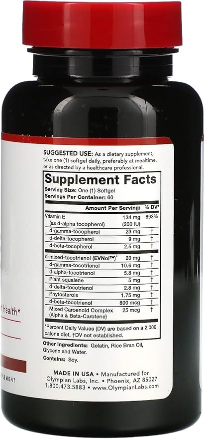 Olympian Labs Vitamin E Complete Tocomin, 200IU 60 Softgels, Fight Free Radicals, Supports Brain, Skin & Hair, 60 Servings