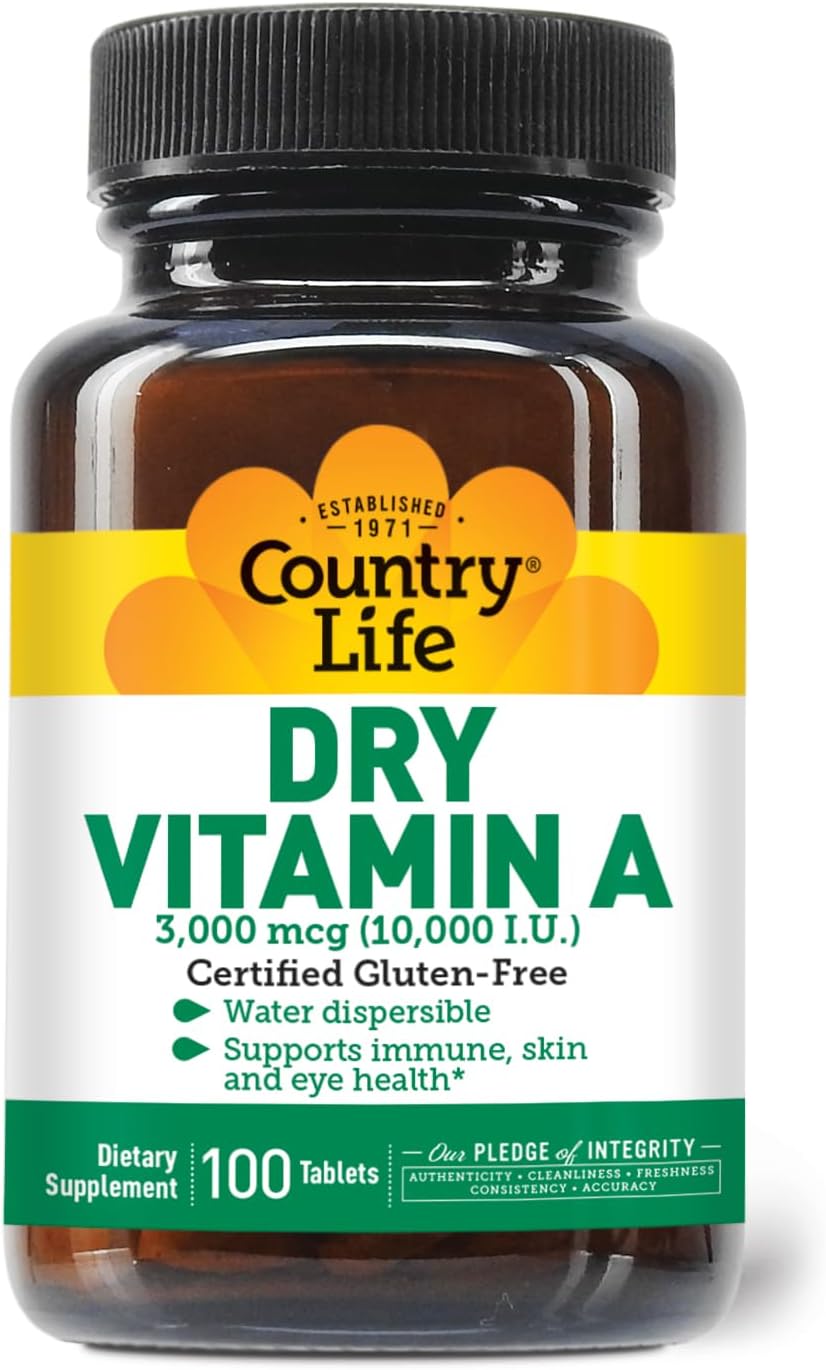 Country Life Vitamin A 10,000 IU - Immune Support, Skin & Eye Health Supplement, Certified Gluten-Free, Vegan, Halal, Kosher, 50% Beta-Carotene & 50% Retinyl Palmitate, Easy Absorption - 100 Tablets