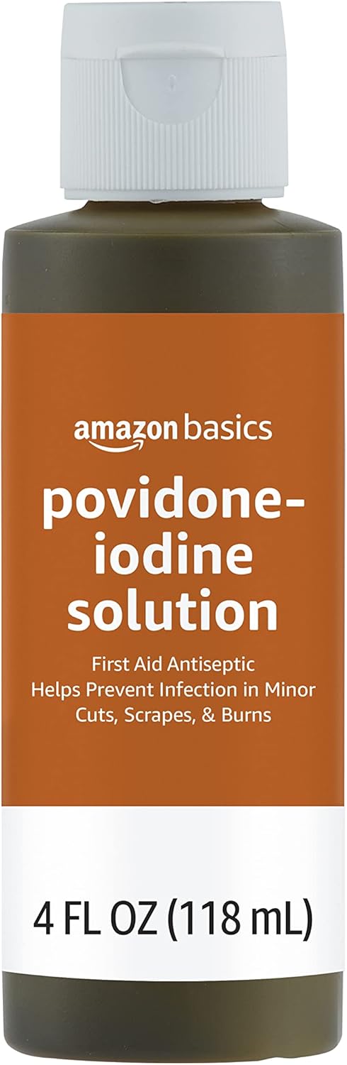 Amazon Basics First Aid Antiseptic, 10% Povidone Iodine Solution, 4 Fluid Ounces, 4-Pack (Previously Solimo)