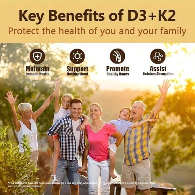 Vitamin K2 with D3 Supplement Non-GMO Formula 125 mcg Vitamin D3 & 100 mcg K2 (MK-7) Easy to Swallow D & K Complex, 60 Capsules