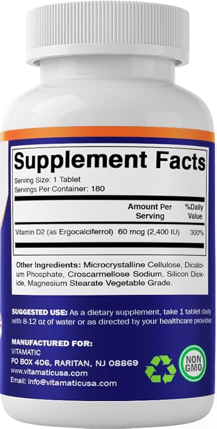 Vitamatic Vitamin D2 60 mcg (2400 IU) - Ergocalciferol - 180 Vegetarian Tablets (180 Tablets (Pack of 1)) (2 Bottles)