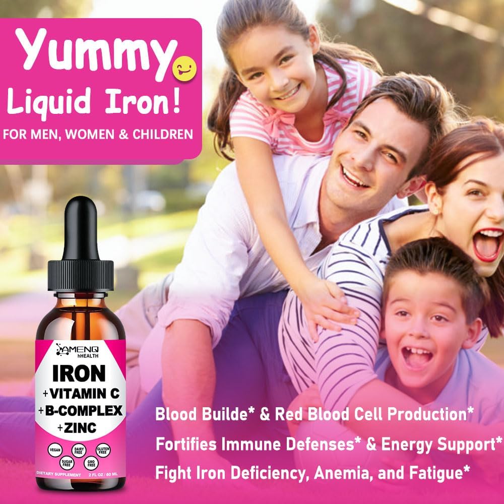 Iron Supplement for Women Men & Kids, Iron Vitamin C, A, B-Complex, Vegan Iron Drops High Potency Liquid Vitamin & Iron Supplements for Anemia, Red Blood Cell, Energy, Blood Builder, Gentle Iron