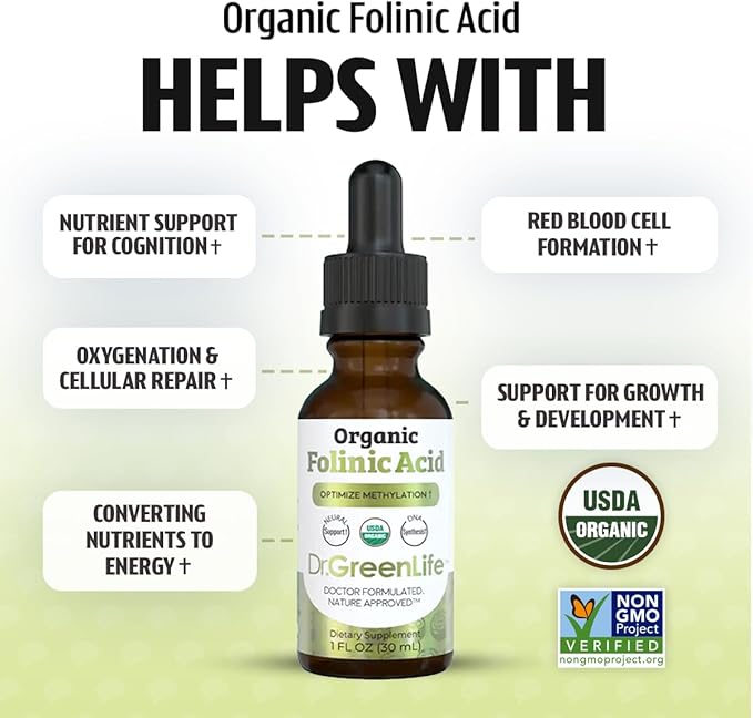 Dr. Green Life USDA Organic Folinic Acid Drops - 500 mcg per Drop | Methylation Support B9 Supplements for Kids & Adults | Supports Neurological Function, Nervous System Health & DNA Synthesis