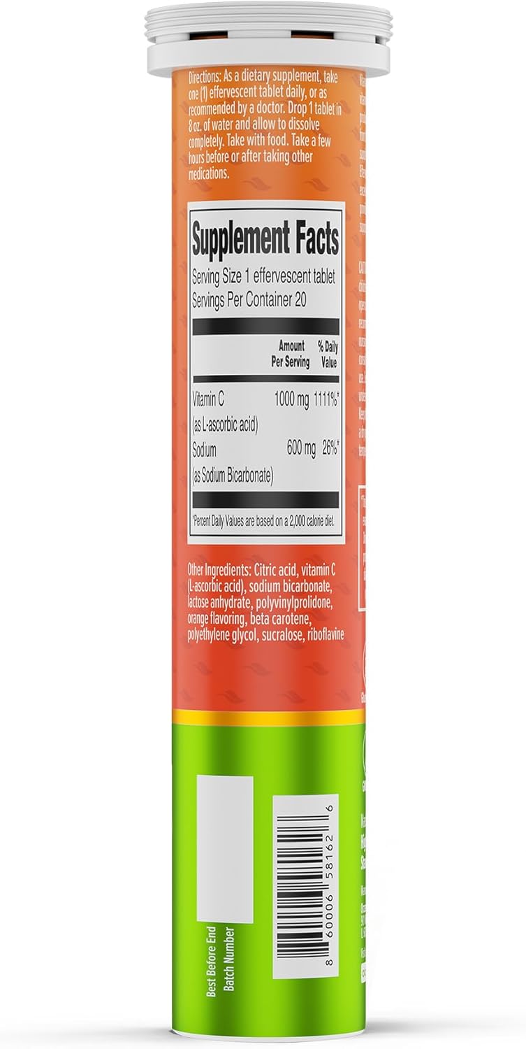 ORZAX Vitamin C 1000 mg Effervescent Tablets | Sugar Free, Gluten Free, GMO Free | Dissolvable Vitamin C Supplement for Immune Support & Antioxidant Support | Orange Flavored (1000mg - 20 Tablets)