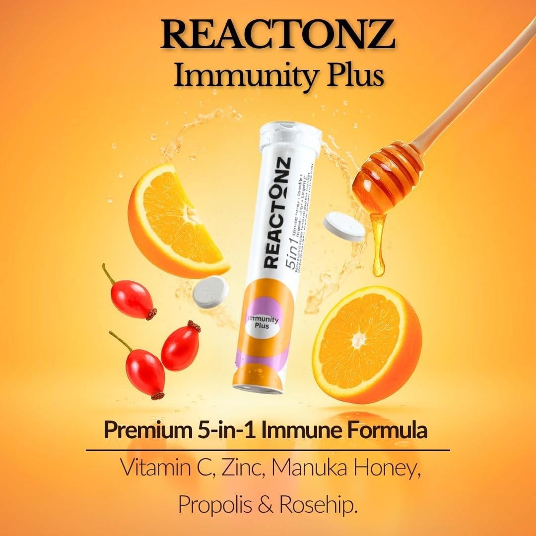 5 in 1 Immunity Plus – Immune Support & Antioxidant Supplement – Vitamin C, Zinc, Manuka Honey, Rosehip & Propolis – Natural Zesty Orange Flavor – 60 Day Supply Effervescent Tablets