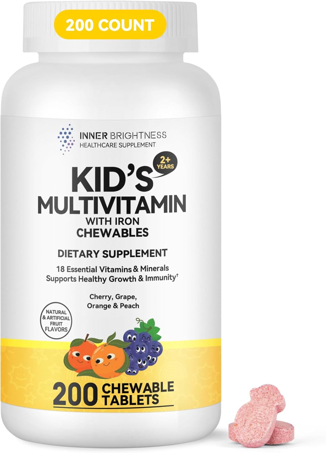 Children's Chewable Multivitamin - 18 Essential Vitamins & Minerals for Kids, Supports Bone, Focus & Immune Health, Vegetarian, Gluten Free, Non GMO - 200 Chewables, Mixed Fruit Flavor