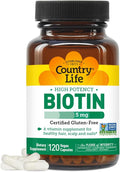 Country Life Biotin High Potency, 5mg, 120 Count, Certified Gluten Free, Certified Vegan, Verified Non GMO
