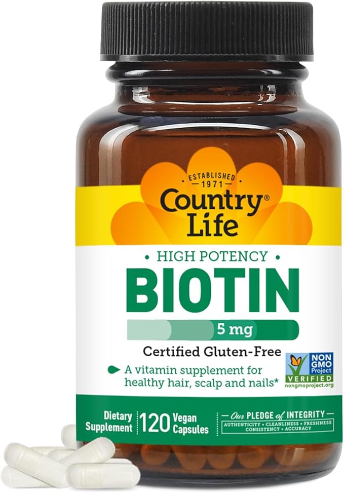 Country Life Biotin High Potency, 5mg, 120 Count, Certified Gluten Free, Certified Vegan, Verified Non GMO