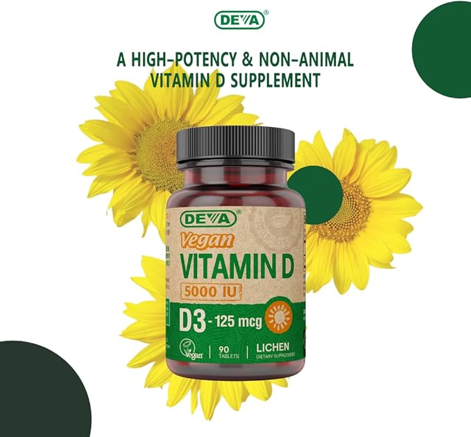 DEVA Vitamin D3 5000 IU, Sunshine Supplement, 125 mcg of Vegan D3, 90-Count Bottle