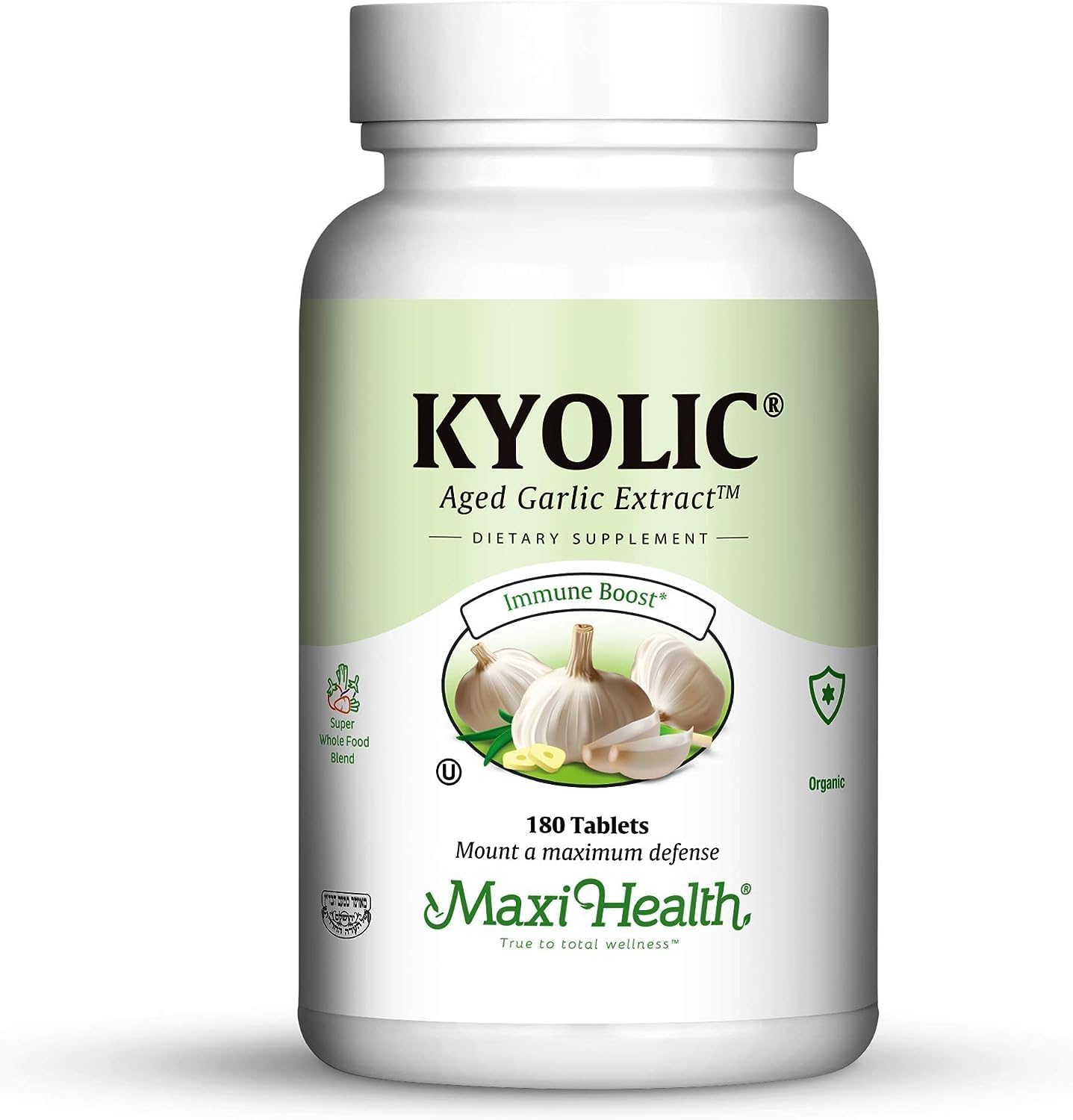 Maxi Health Kyolic Organic Garlic Supplement - Kosher Garlic Tablets with Kyolic Aged Garlic Extract for Immune Support - Vegetarian Garlic Pills (180 Count)