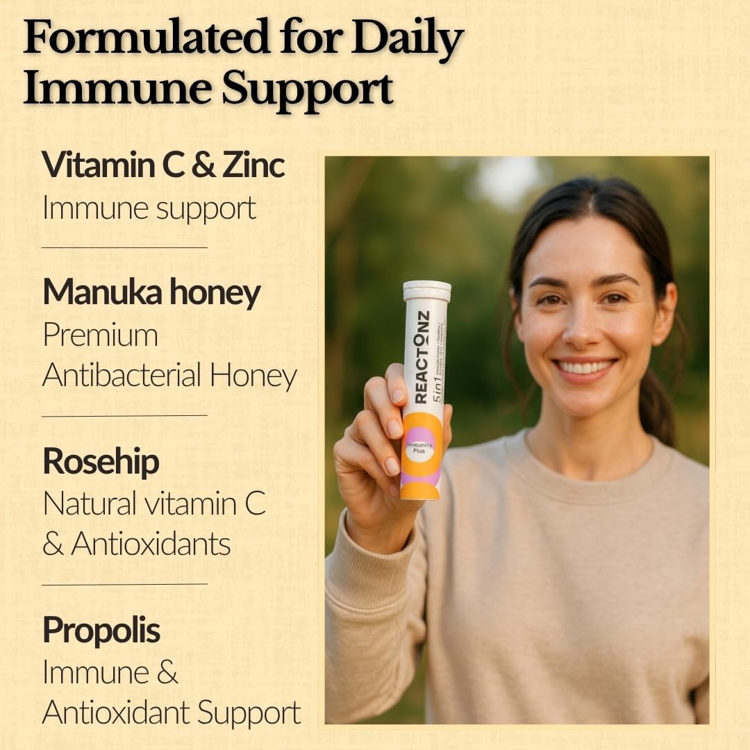 5 in 1 Immunity Plus – Immune Support & Antioxidant Supplement – Vitamin C, Zinc, Manuka Honey, Rosehip & Propolis – Natural Zesty Orange Flavor – 20 Day Supply Effervescent Tablets