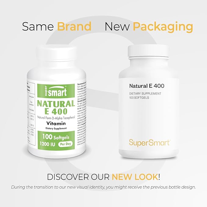 Supersmart Natural E 400 (D-Alpha Tocopherol) 1200IU per Day - High Absorption Vitamin E Supplement | Non-GMO - 100 Softgels