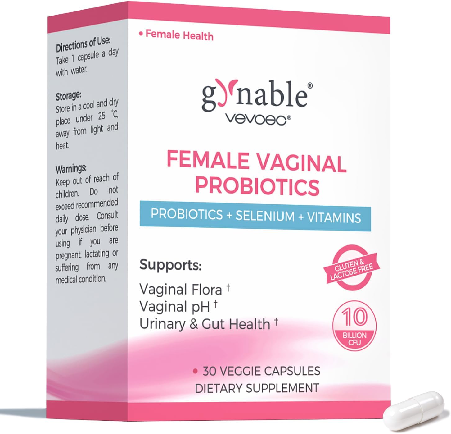 Gynable Vaginal Probiotics for Women,Female Probiotic for pH Balance with Lactobacillus 10 Billion CFU Probiotics Blend,Selenium-Vitamin D3,Promote Healthy Vaginal Odor & Vaginal Flora,30 Count