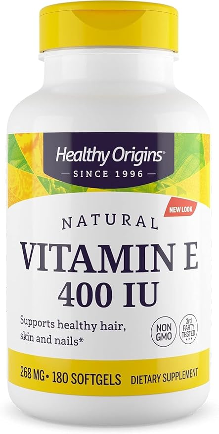 Healthy Origins Vitamin E 400 IU (Natural, Non-GMO, Gluten Free, Skin Support, Cardiovascular Support), 180 Softgels