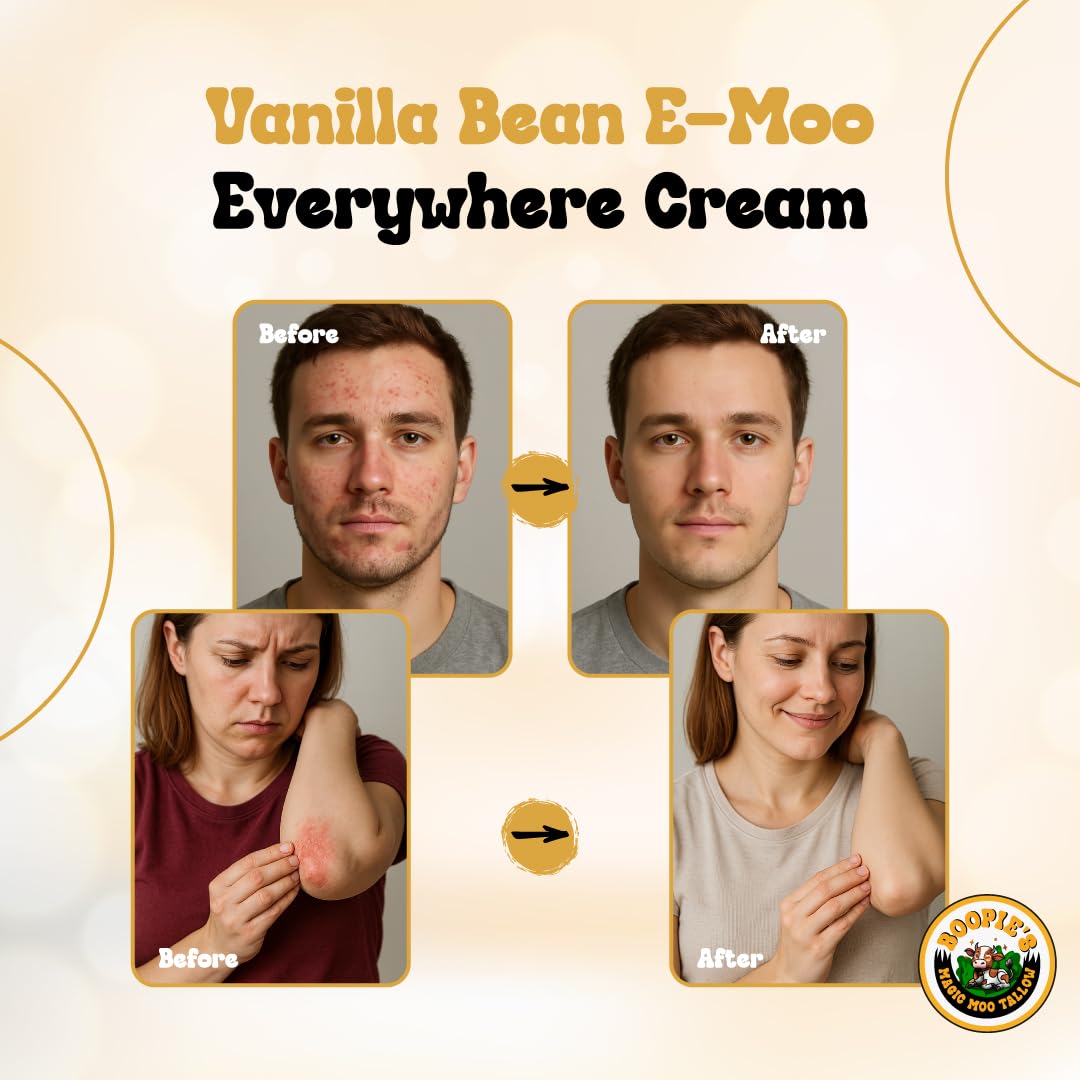 Magic Moo Tallow Vanilla Bean E-Moo Moisturizing Everywhere Cream with Organic Emu Oil. For acne, stretch marks, eczema, hyrdation, dry skin & more. 2oz