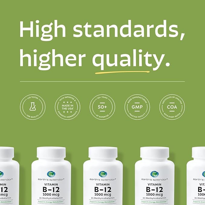 Earth's Splendor Vitamin B12 Methylcobalamin, Energy Support, Metabolism Support, 1000mcg Tablets, 200 Tablets