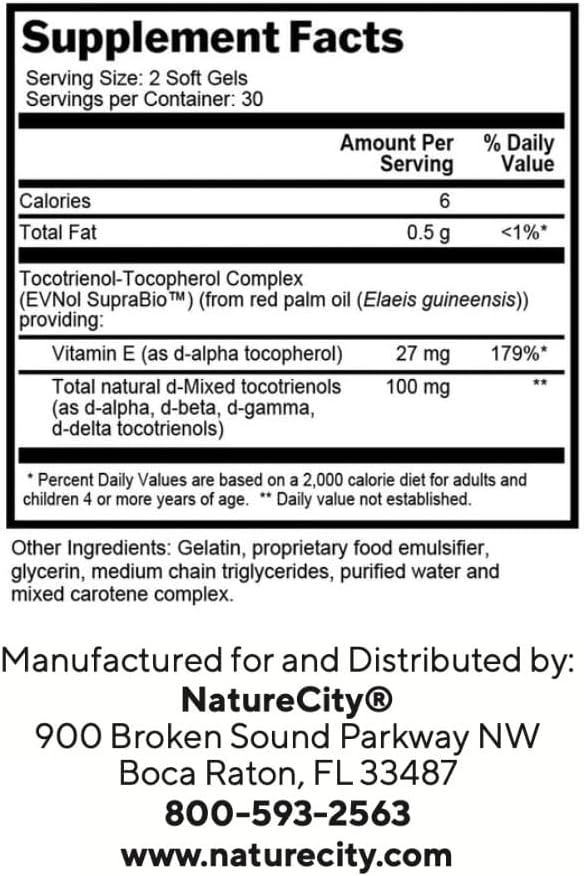 NatureCity True-E Full Spectrum Tocotrienols Vitamin E & Natural Alpha Tocopherol Supplement | Sustainable Tocotrienols from Evnol Suprabio | Non-GMO Vitamin E Complex | 120 Soft gels