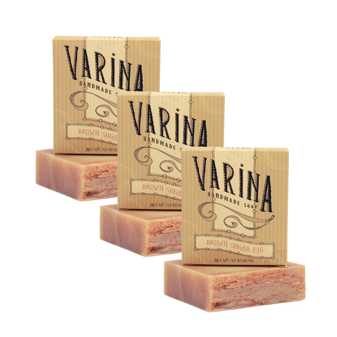 Varina Natural Brown Sugar Fig Bar Soap - Gentle Cleansing for Sensitive Skin, Sweet and Vanilla - 3 Pack