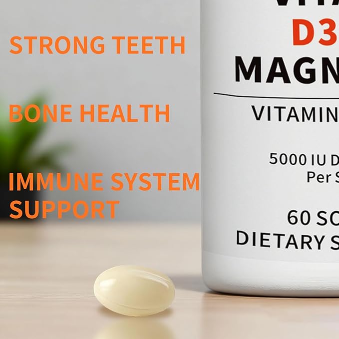 Vitamin D3 K2 5000 IU 60 Softgels with Magnesium Supplement - & 120mcg MK-7 K2 for Bone Health & Immune Support - Non-GMO & Gluten-Free Softgels with MCT Oil