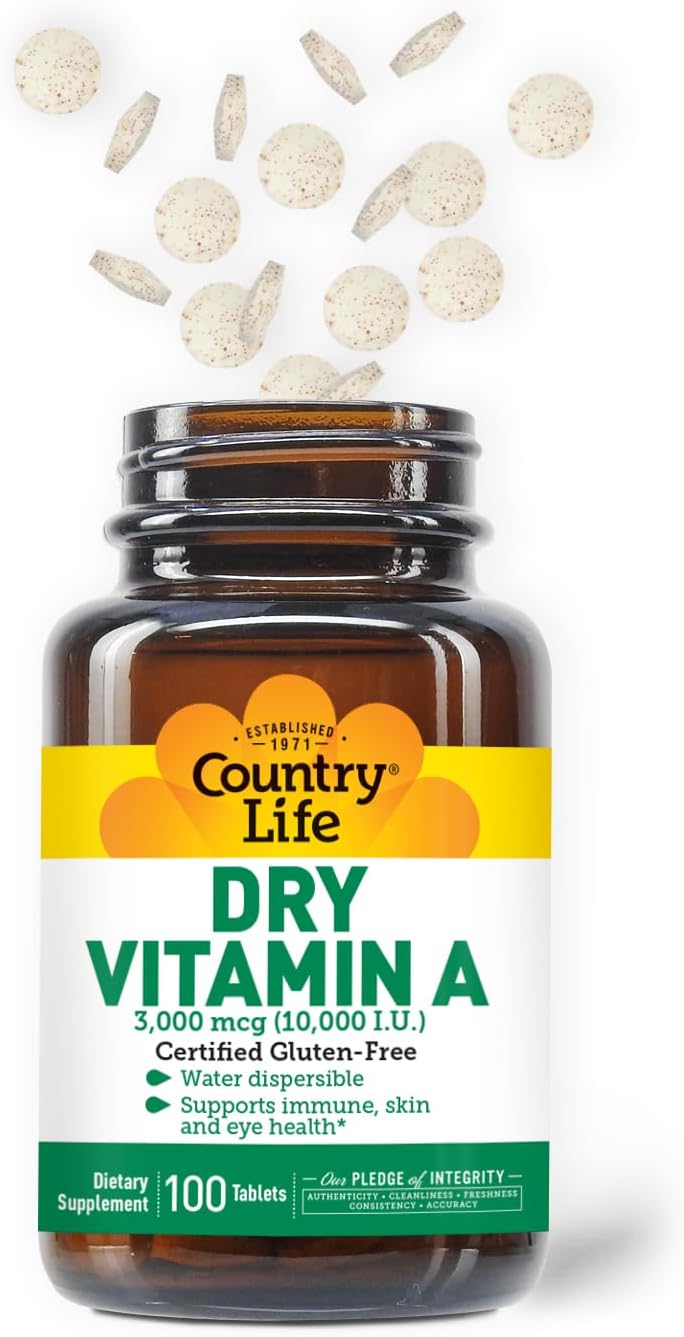 Country Life Vitamin A 10,000 IU - Immune Support, Skin & Eye Health Supplement, Certified Gluten-Free, Vegan, Halal, Kosher, 50% Beta-Carotene & 50% Retinyl Palmitate, Easy Absorption - 100 Tablets