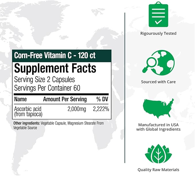 NutraMedix Corn-Free Vitamin C Capsules - Antioxidant & Seasonal Immune Support - Vitamin C Supplement with Ascorbic Acid Sourced from Tapioca - 1000 mg (120 Vegetable Capsules)
