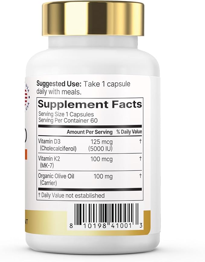 Vitamin K2 with D3 Supplement Non-GMO Formula 125 mcg Vitamin D3 & 100 mcg K2 (MK-7) Easy to Swallow D & K Complex, 60 Capsules
