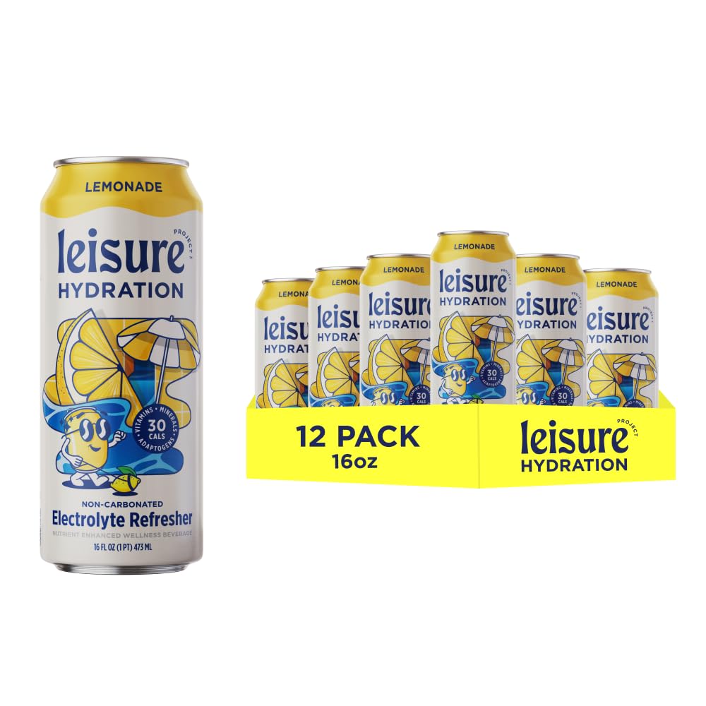 Leisure Hydration Non-Carbonated Electrolyte Refresher, Lemonade Flavor - Low Sugar Nutrient Enhanced Water Beverage - Get The Best Hydration Packed w/ Magnesium & Ashwagandha For Mood & Stress Support, Non-GMO, 16 oz (12-Cans)