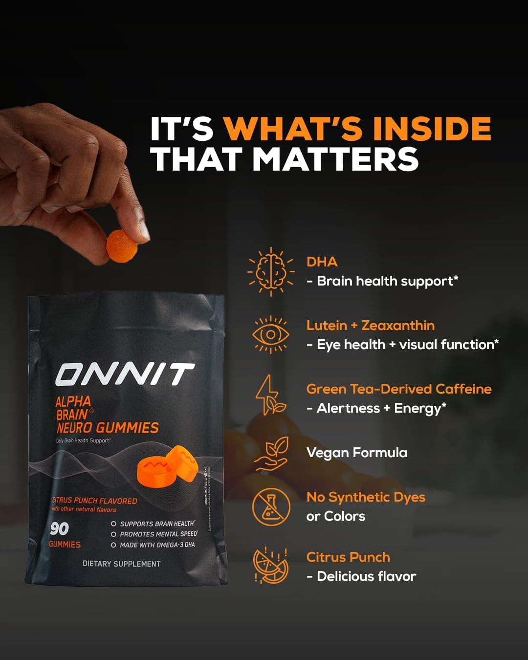 ONNIT Alpha Brain Neuro Focus Gummies - Vegan Gummies with Omega-3s, Lutein, Zeaxanthin & Caffeine - Brain, Eye & Focus Supplement for Men & Women†, Citrus Punch Flavor, 90 Count