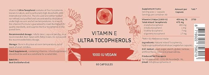 Vitamin E 1000 IU Ultra Tocopherol 450mg Vitamin E Vegan – All 4 Tocopherols - Alpha Tocopherol + Beta Tocopherol + Gamma Tocopherol + Delta Tocopherol– Unique d Alpha (60)