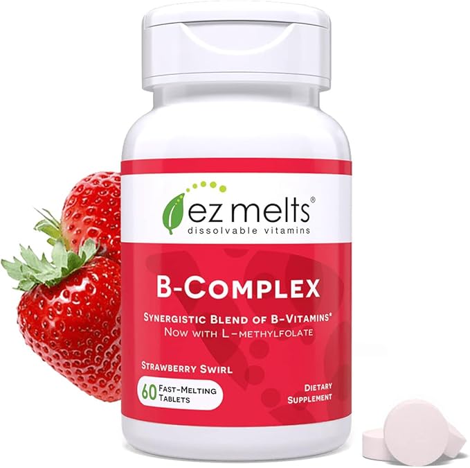 EZ Melts Dissolvable B-Complex - Vitamin B Complex - Provides Energy Metabolism & Heart Health Support - with Methylated B12 & Folate - Non-GMO & Vegan - Strawberry Swirl - 60 Tablets (60 Servings)