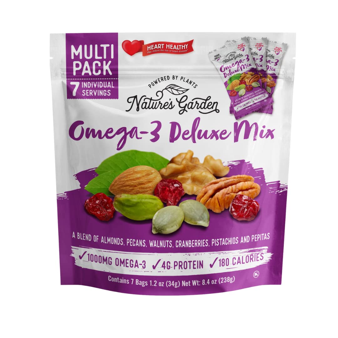 Nature's Garden Omega 3 Deluxe Mix - Trail Mix, Heart Healthy, Gluten Free, Cholesterol Free, Sodium Free, No Artificial Ingredients - 1.2 oz Bags (7 Individual Servings)