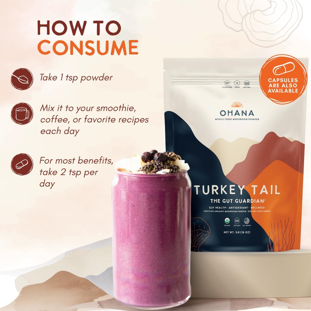 Ohana Turkey Tail, Organic Mushrooms Powder Blend, USDA-Organic Whole Food Mushroom Supplement, Non-GMO, Gluten-Free, 1 lb Bag, Pack of 1