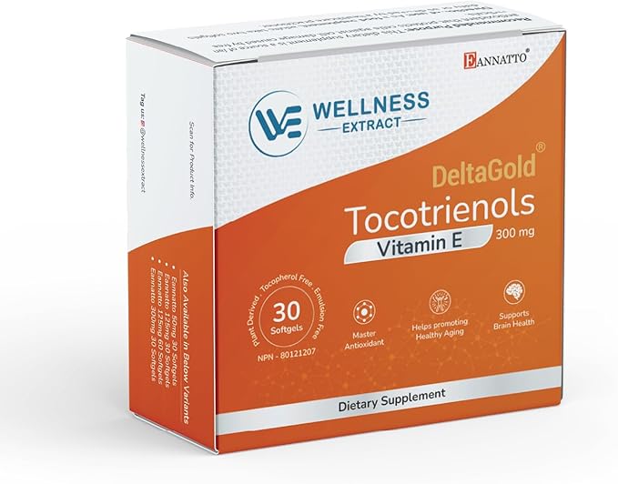 WELLNESS EXTRACT Eannatto Tocotrienols Vitamin E Supplements Tocopherol Free, Non-GMO, Gluten Free & Antioxidant 300mg 30 Softgels Blister Packs.