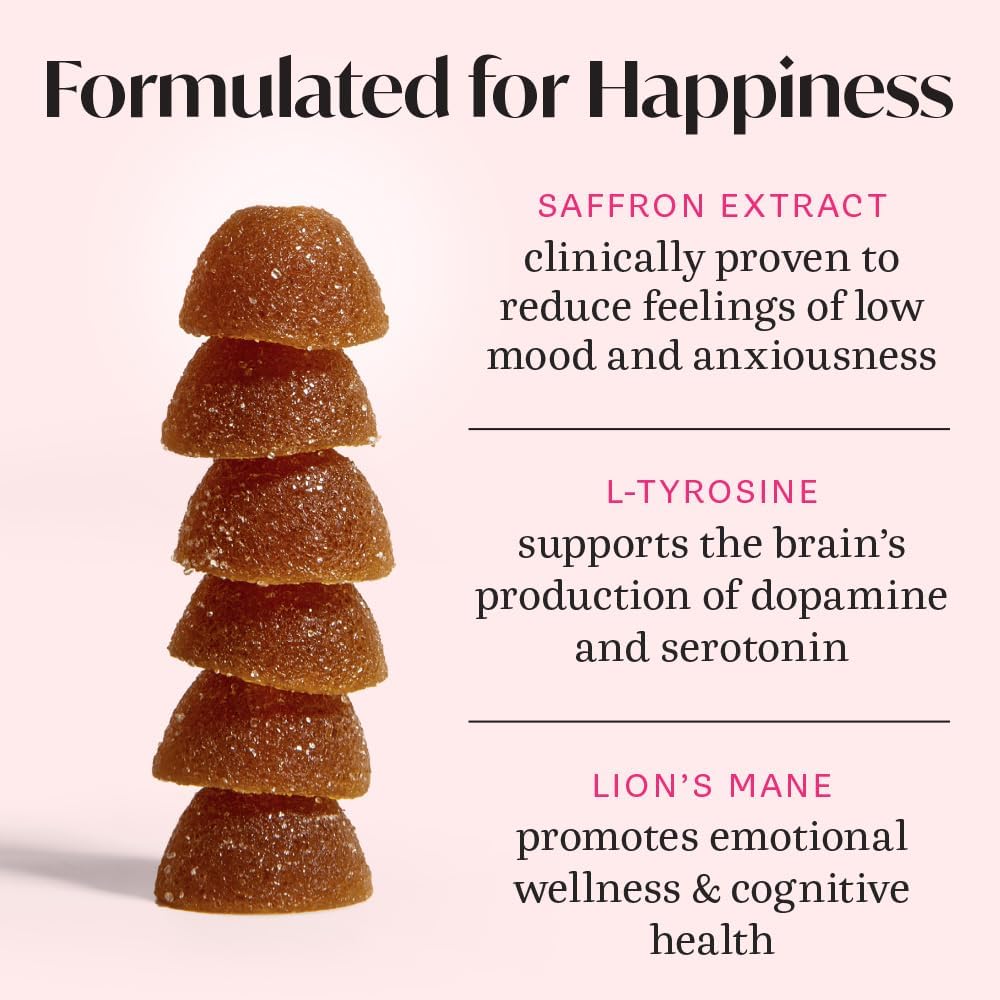 Winged Wellness Happy Her - Mood Support Gummies - Contains Saffr’ Activ Saffron Extract, 5-HTP, L-Tyrosine, Lion's Mane, Lemon Balm, and Chaste Tree - Vegan Gummy, Cherry Flavored - 3 Pack, 126 Count