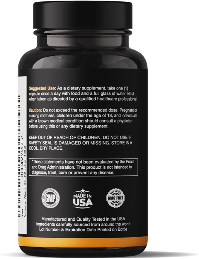 Natgrown Vitamin D3 + K2 w/Zinc - Vegan Vitamin D 5000 IU & Mk7 100mcg for Bone and Immune Support Supplement - Plant Based D3 K2 with Superfood Blend, Gluten-Free - 120 Capsules