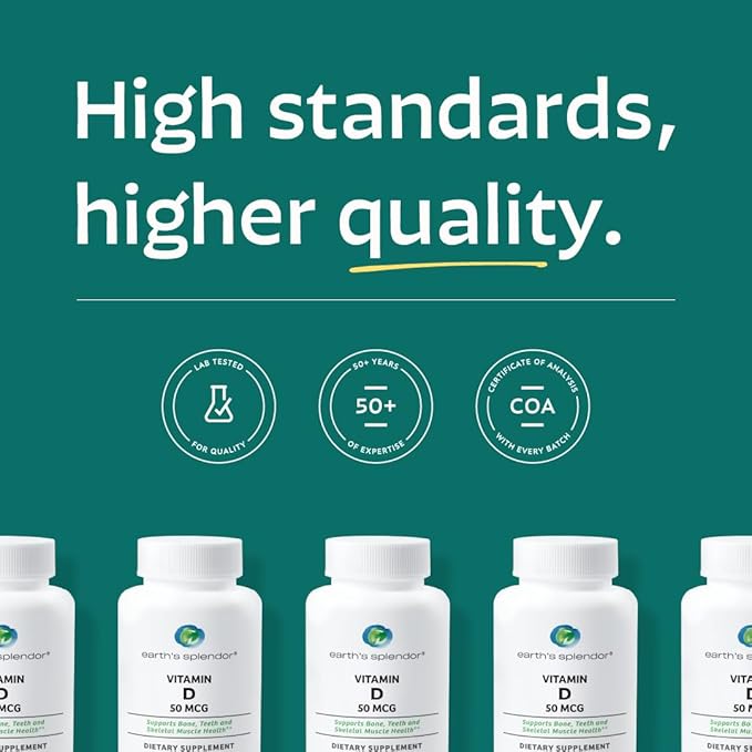 Earth's Splendor Vitamin D, 250 Softgels, 50mcg of Vitamin D, 4 Month Supply