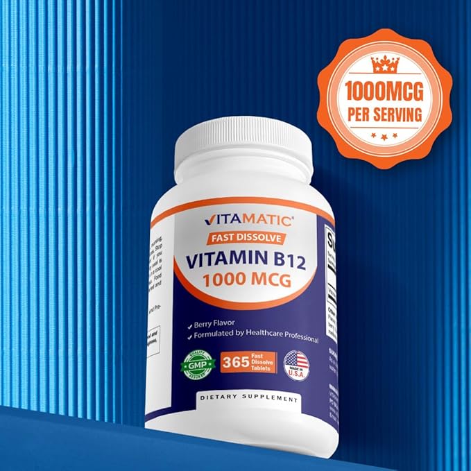 Vitamatic Vitamin B12 1000 mcg Fast Dissolve – 365 Tablets – Natural Berry Flavor – Supports Energy Metabolism & Nervous System Health