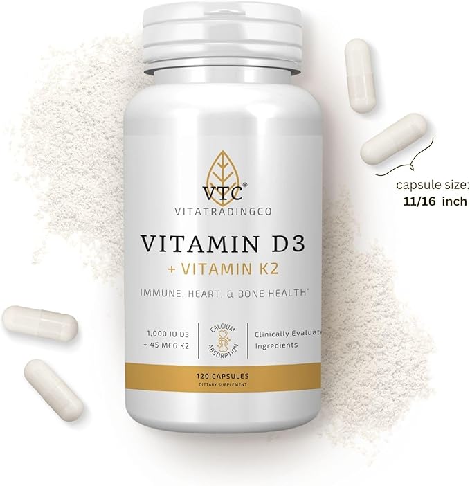 VTC VitaTradingCo. Vitamin D3 + K2 | High Potency, Bioactive Forms | 1000iu D3 + 45mcg MK-4 K2 | Boost Calcium Absorption | Immune, Heart, & Bone Support | 120 Capsules