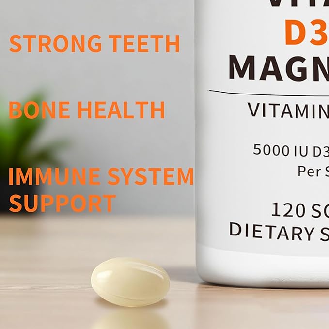 Vitamin D3 K2 5000 IU 120 Softgels with Magnesium Supplement - & 120mcg MK-7 K2 for Bone Health & Immune Support - Non-GMO & Gluten-Free Softgels with MCT Oil