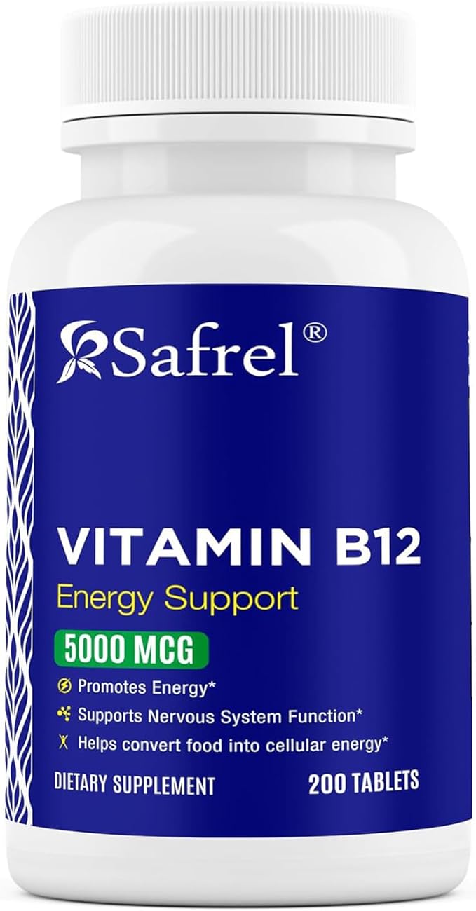 Safrel Vitamin B12 5000 mcg per Tablet, 200 Days Supply, Supplement for Energy, Metabolism and Nervous System Health Support, Vegan, Gluten Free and Dye Free | Made in USA