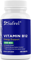 Safrel Vitamin B12 5000 mcg per Tablet, 200 Days Supply, Supplement for Energy, Metabolism and Nervous System Health Support, Vegan, Gluten Free and Dye Free | Made in USA