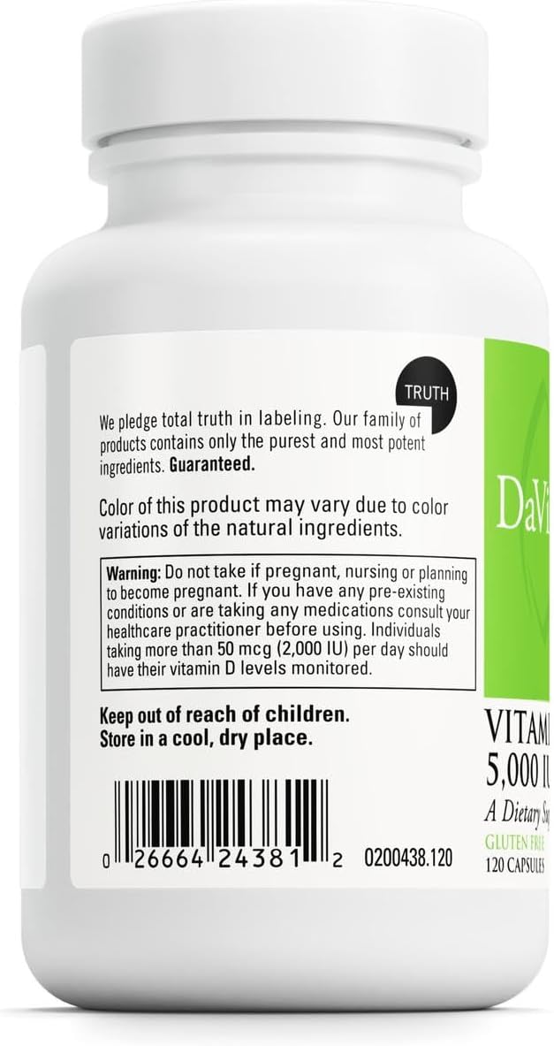 DAVINCI Labs Vitamin D3 5000 IU - Dietary Supplement to Support Healthy Teeth and Bones, Cardiovascular Function, and Immune Health* - with 5000 IU per Serving - Gluten-Free - 120 Capsules