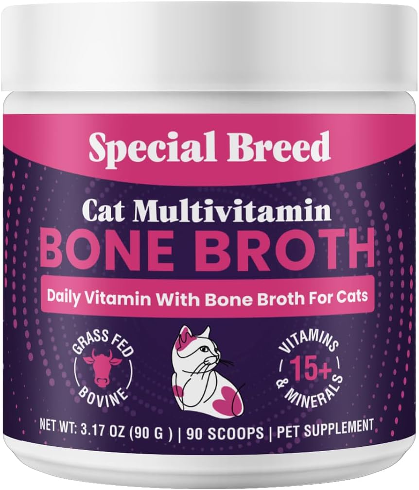 Cat Multivitamin with Grass-Fed Beef Bone Broth – Daily Supplement for Immune, Joint, Skin, Coat & Gut Health – Omega 3s, Lysine, Beta Glucan, Vitamins A-E, C, D – 90 Day Supply – No Fillers
