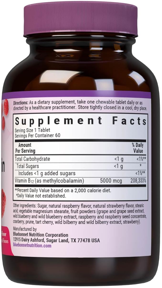 Bluebonnet Nutrition EarthSweet Methylcobalamin 5,000 mcg Active Coenzyme Form of Vitamin B12 Supports Energy Boost & Metabolism - Vegan, Gluten-Free - Raspberry Flavor - 60 Chewable Tablets